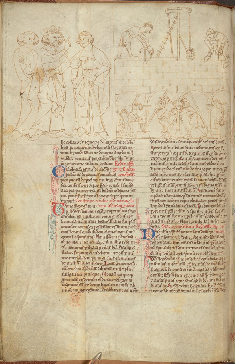 Cotton Nero D. I f.23v Budowa wieży Clifforda w St Albans, z „Żywotów Offas” (welum) autorstwa English School