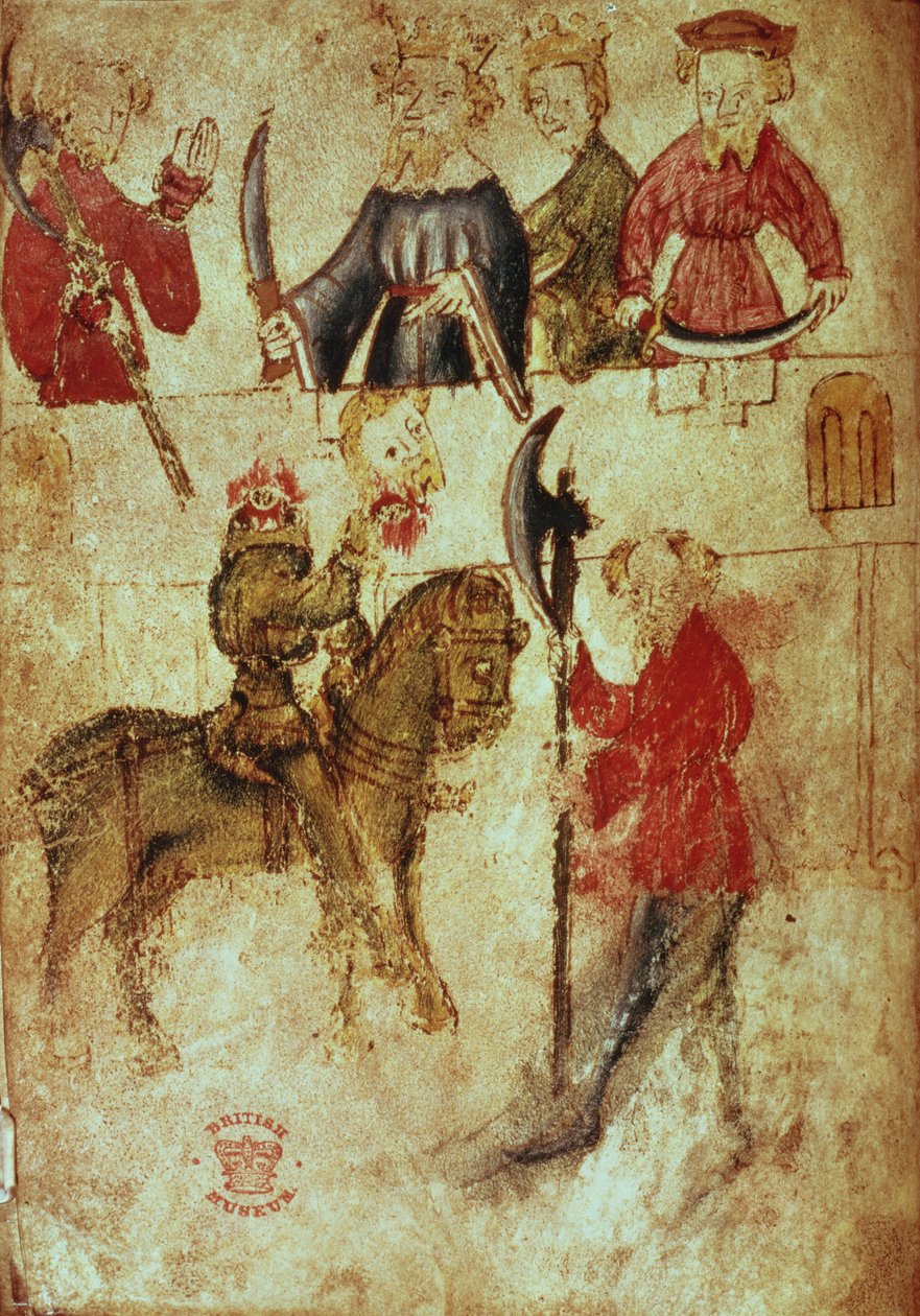 Cotton Nero Ms A X, f.94v: Bezgłowy Zielony Rycerz w Arthur