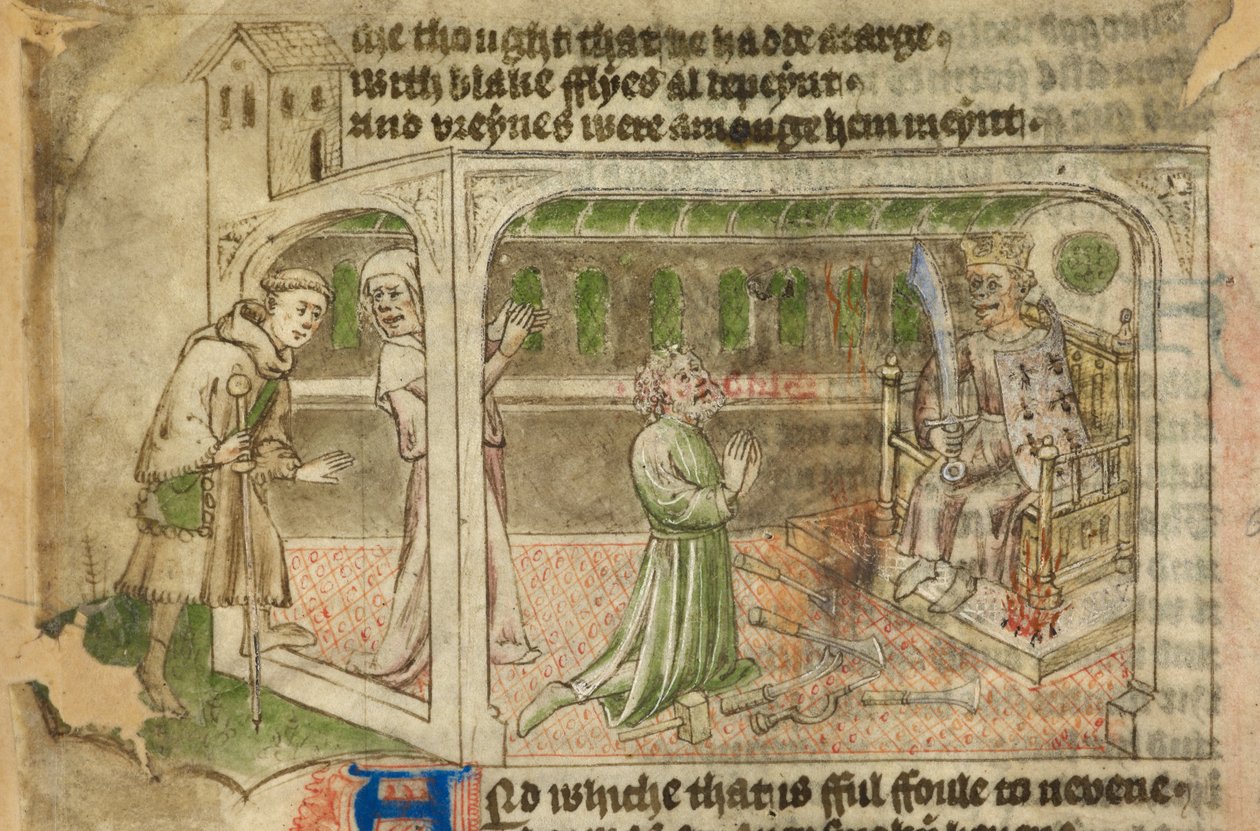 Bawełna Tyberiusz A. VII, f.65v, Dom bałwochwalstwa, z wejściem pielgrzyma i mężczyzną oddającym cześć bożkowi w koronie (welin) autorstwa English School