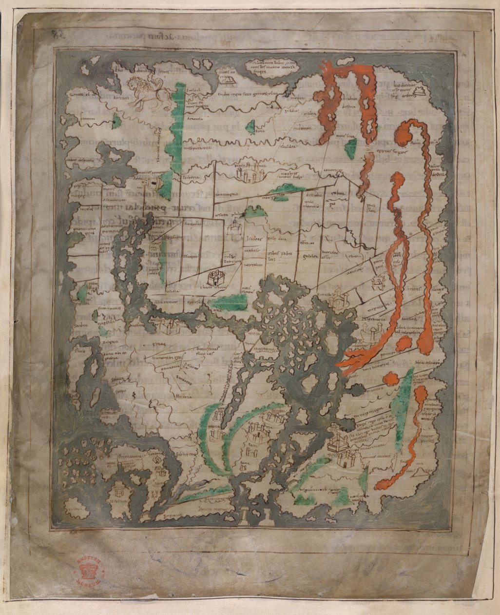 Cotton Tiberius B.V, część 1, f.56v Mapa Tyberiusza, Mappa Mundi (welin) autorstwa English School