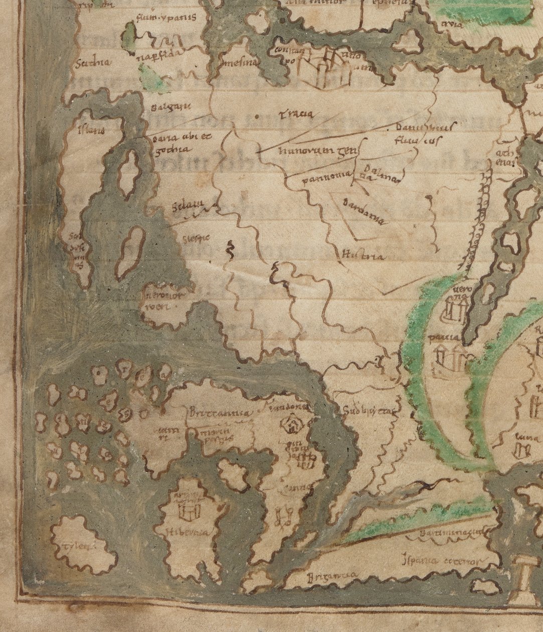 Cotton Tiberius B.V, część 1, f.56v Mapa Tyberiusza, Mappa Mundi, fragment Europy Zachodniej i Wysp Brytyjskich (welum) autorstwa English School