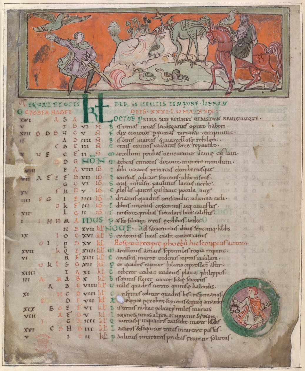 Cotton Tiberius B. V, część 1, f.7v Ilustracja z „kalendarza anglosaskiego” (welum) autorstwa English School