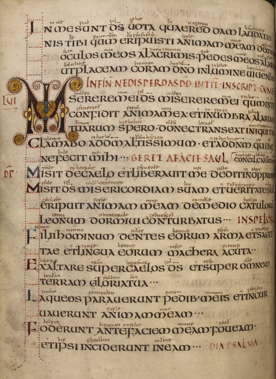 Bawełna Wespazjan A. I, f.55v Psalm 56 ze staroangielskim połyskiem i zdobionym inicjałem MI autorstwa English School