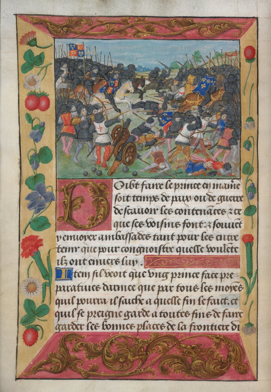 Bawełniany Wespazjan A xvii, f.13v, Król Anglii dosiadający białego konia, ścigający uciekającego króla Francji, z podręcznika Roberta de Balsaca o wojnie o instrukcje księcia, c.1490 (wellum) autorstwa English School