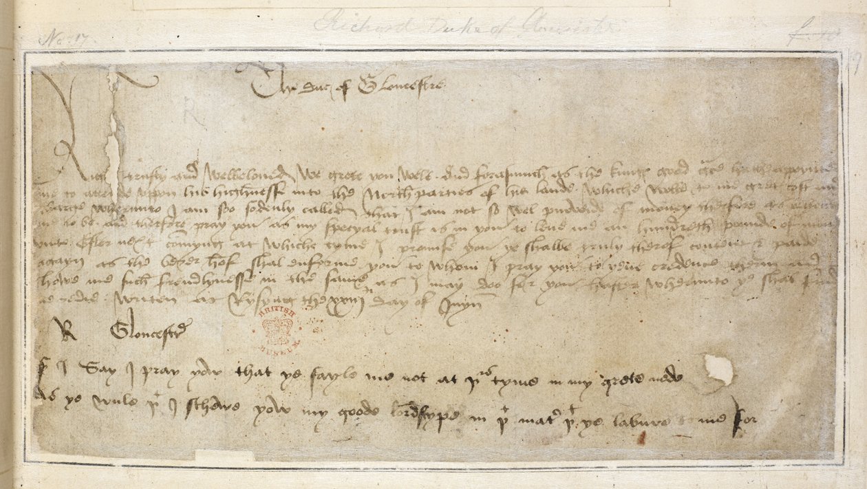 Cotton Vespasian MS F III f.19 Pierwszy zachowany list Richarda do Sir Johna Say autorstwa English School