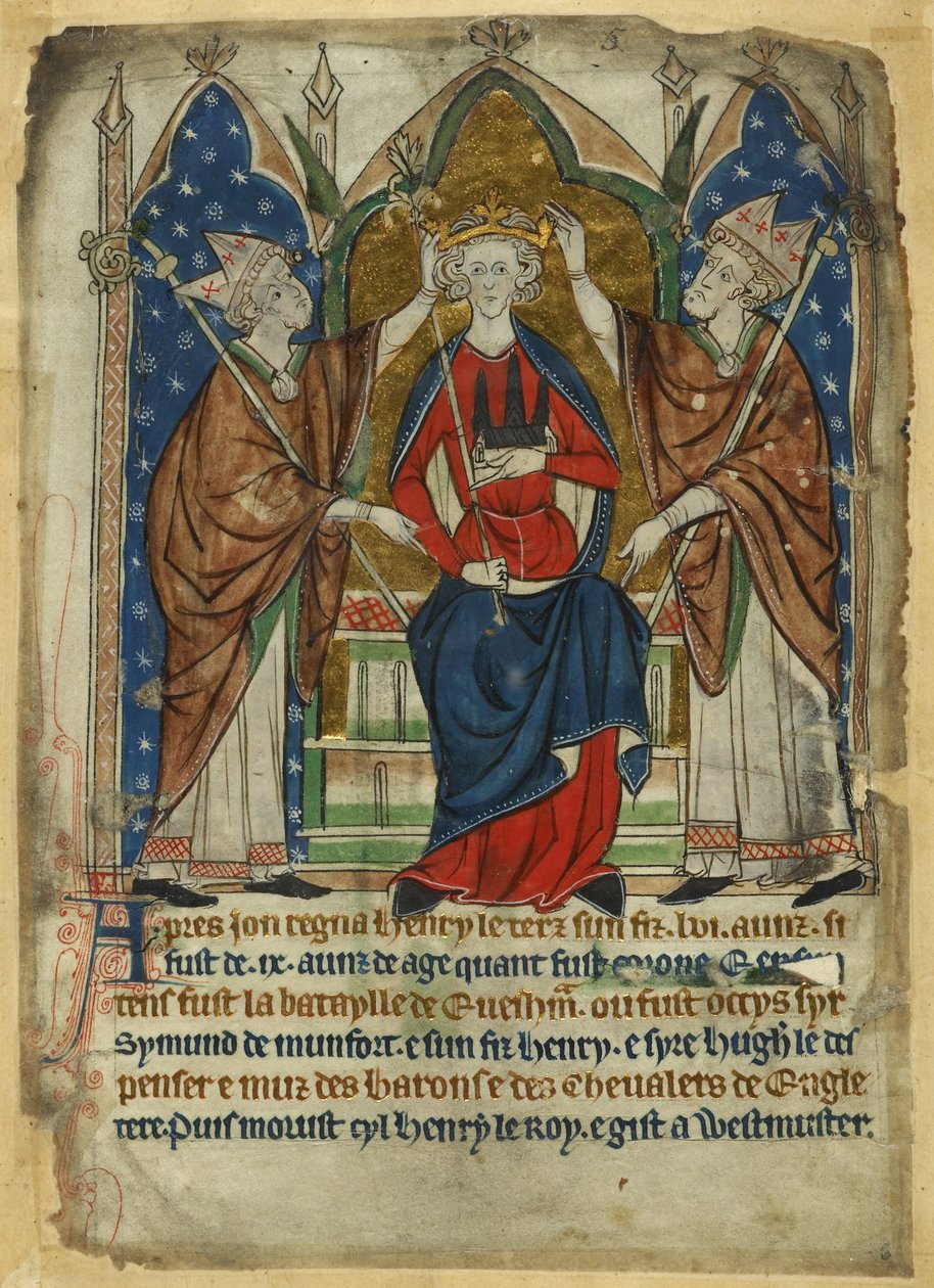 Cotton Vitellius A. XIII, f.6, Koronacja Henryka III, z „Dekretów królów anglosaskich i normańskich Anglii” c.1280-1300 (welum) autorstwa English School