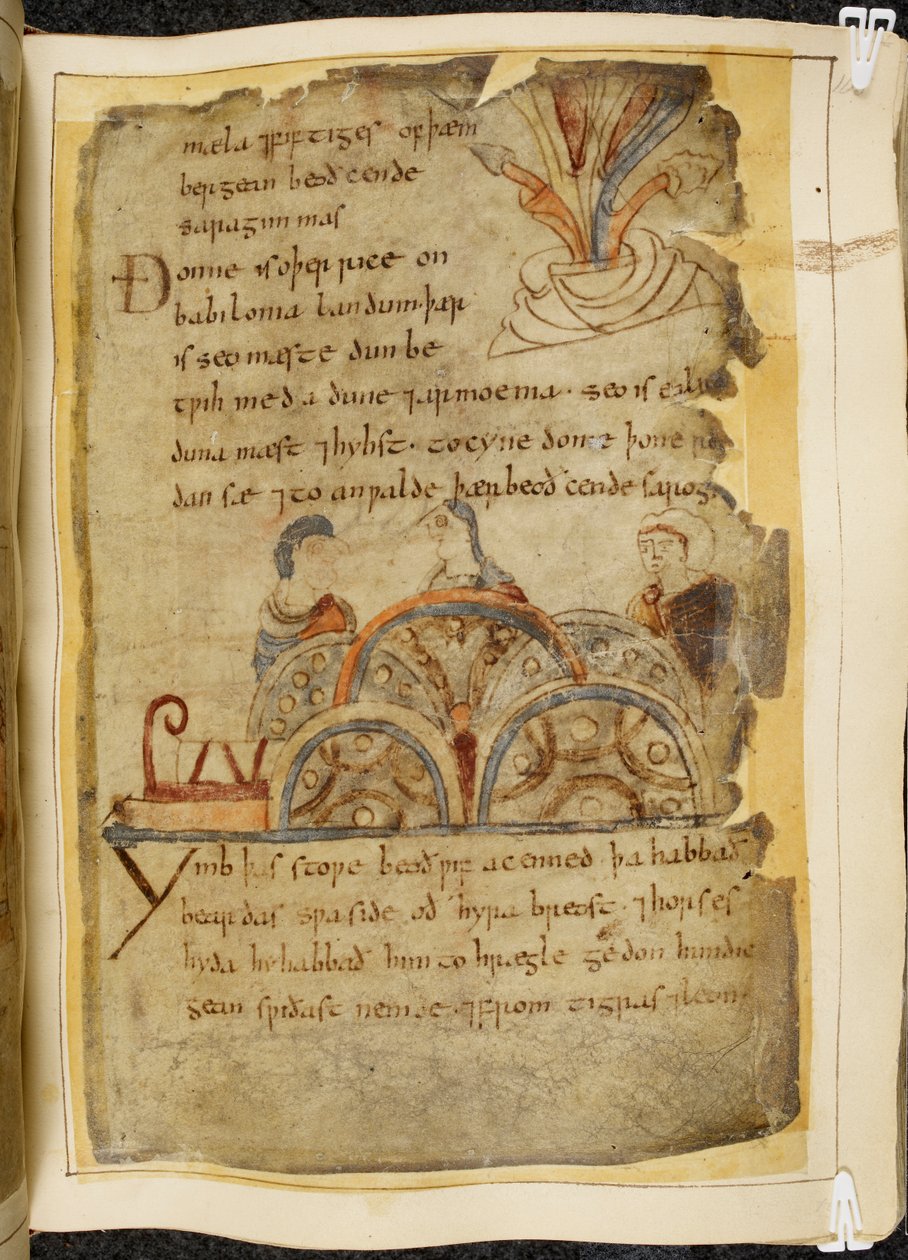 Bawełna Witeliusz A. XV f.105, winorośl złocista; trzech rozmawiających ludzi, reprezentujących życzliwy naród, który włada Morzem Czerwonym, gdzie można znaleźć najlepsze perły, ilustracja z Beowulfa, z „Kodeksu Newell” (tusz na pergaminie) autorstwa English School