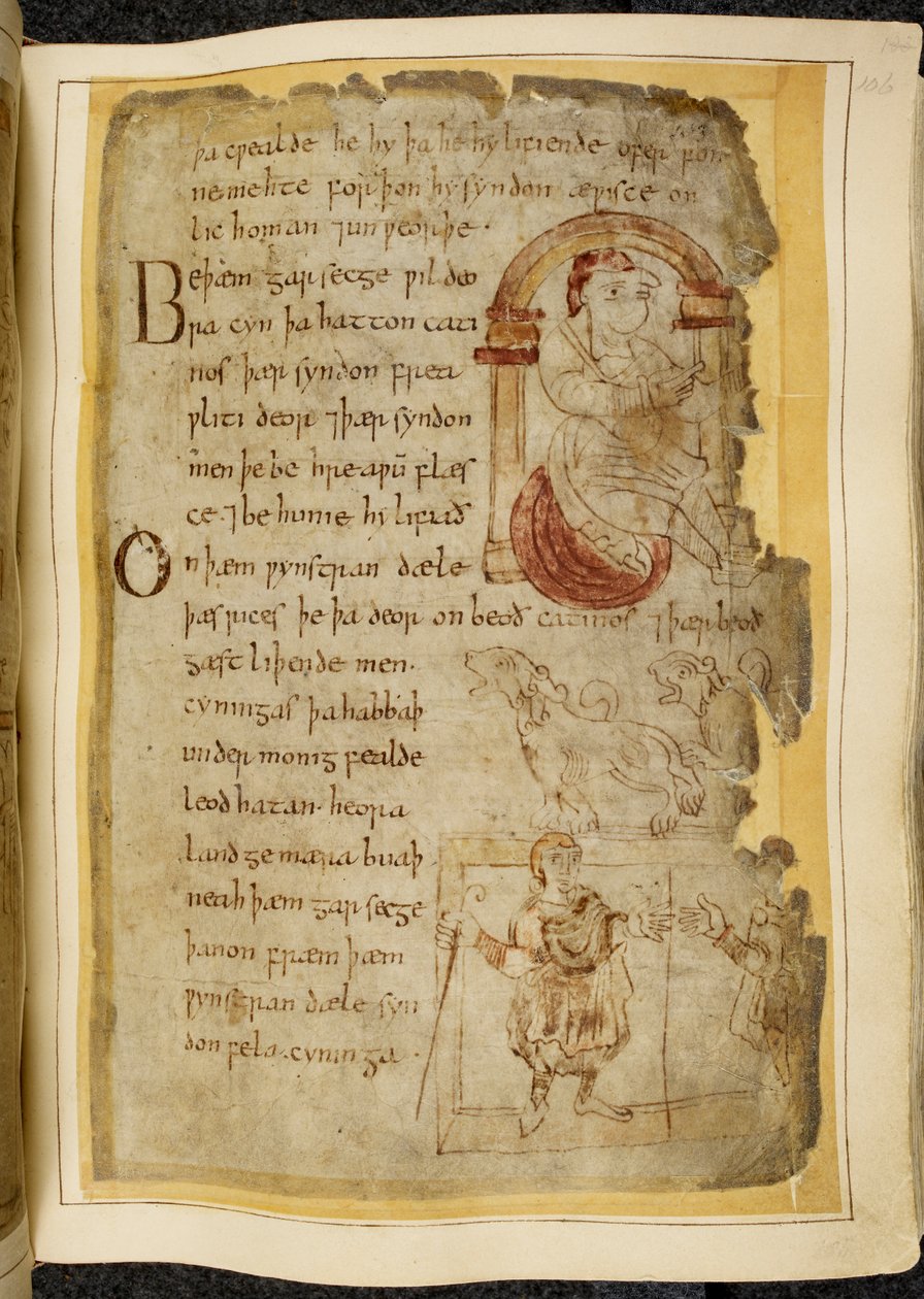 Bawełna Witeliusz A. XV f.106r, Mężczyzna siedzący na poduszce pod łukiem; dwa catini, bestie z otwartymi ustami, takie jak psy; mężczyzna w szacie z laską, wyciągający rękę do innego mężczyzny, ilustracja z Beowulfa, z „Kodeksu Nowell” (tusz na pergaminie autorstwa English School