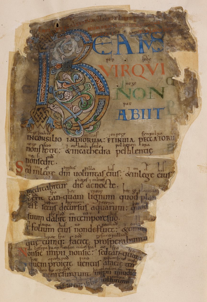 Cotton Vitellius E. XVIII f.18, Beowulf, Podświetlona strona psałterza „Codex membrana” (pergamin) autorstwa English School