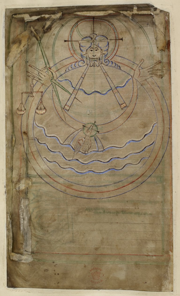 Cotton ms tiberius c vi f007v Schematyczne przedstawienie stworzenia, ilustracja z „Psałterza Tyberiusza”, Winchester, ok. 1050 (welum) autorstwa English School
