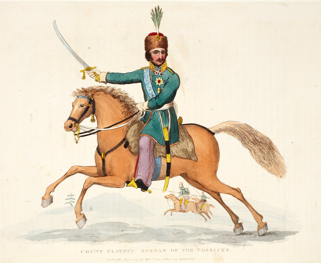 Hrabia Platoff, Hetman Kozaków, wyd. Richard Evans, inż Romney, ilustracja z Historycznego sprawozdania z bitwy pod Waterloo autorstwa Williama Mudforda, 1816 autorstwa English School