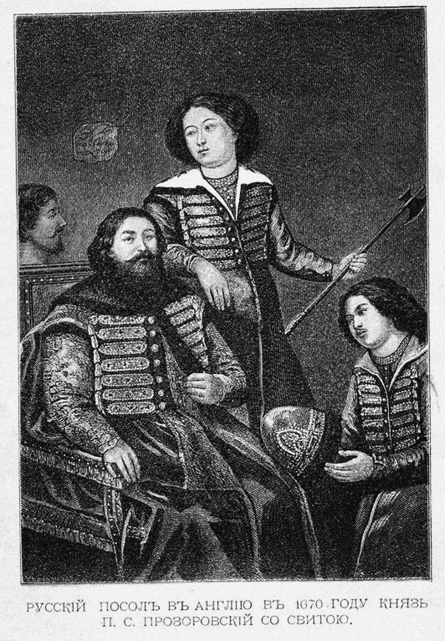 Hrabia Piotr Siemionowicz Prozorowski ze swoją ambasadą w Anglii w 1670 r. autorstwa English School