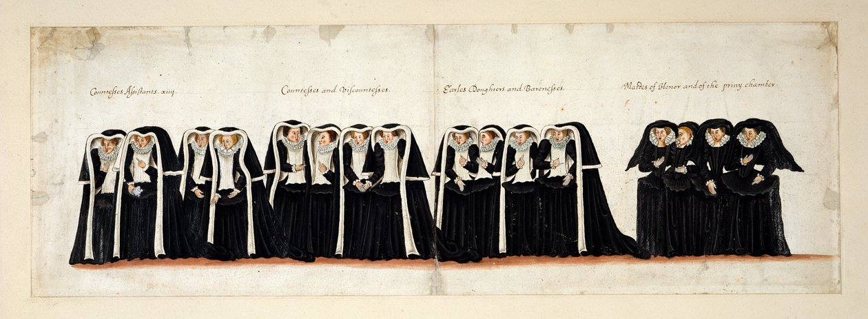Asystentki hrabin; Hrabiny i wicehrabiny; córki hrabiów i baronów; Maids of Honor i Tajnej Izby. Część konduktu pogrzebowego królowej Elżbiety I do Opactwa Westminsterskiego, 28 kwietnia 1603 r. autorstwa English School