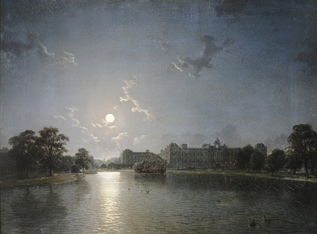 Wiejski dom po drugiej stronie jeziora przy Moonlight, ok. 1850 (olej na płótnie) autorstwa English School