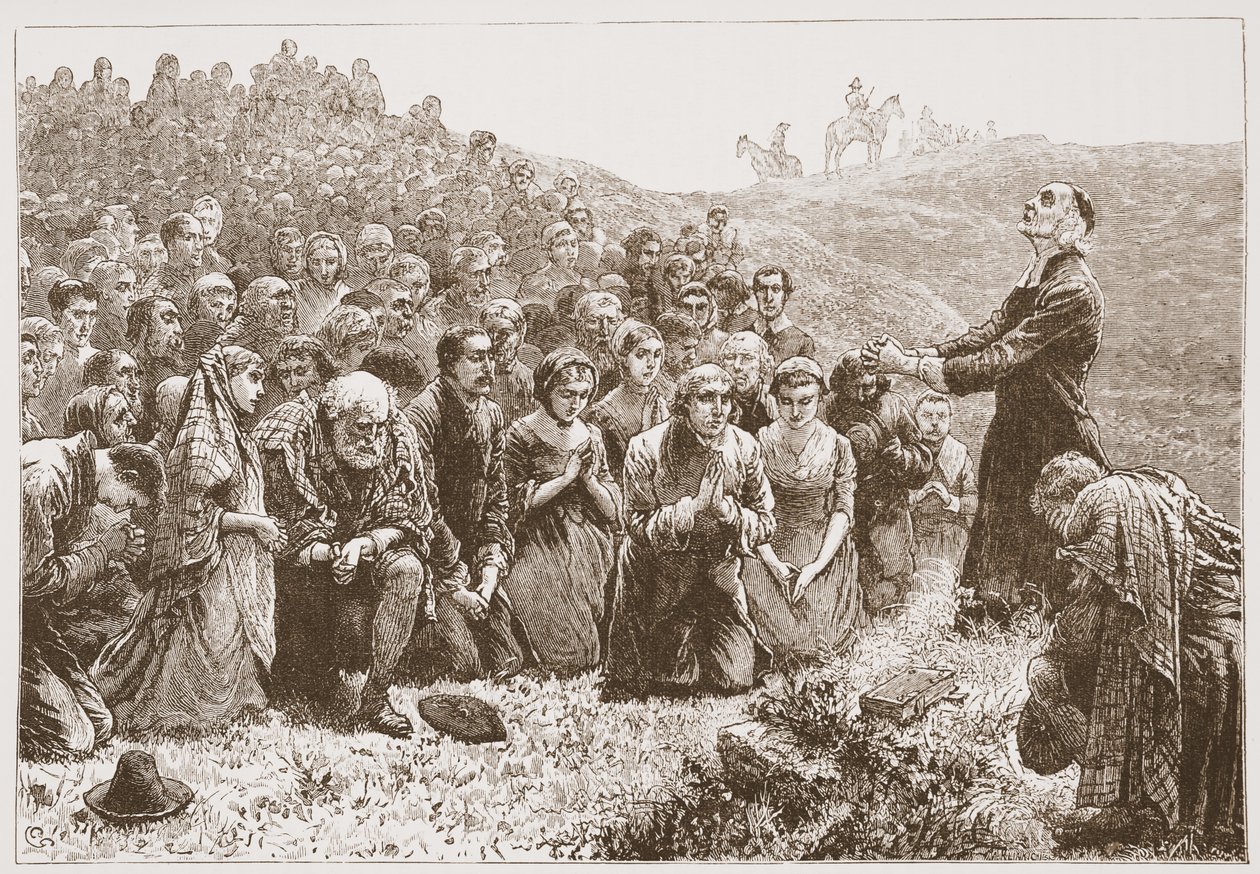 Covenanters czczący nad brzegami Whitadder, ilustracja z Historii protestantyzmu Jamesa Aitkena Wylie (1808-1890), wyd. 1878 autorstwa English School