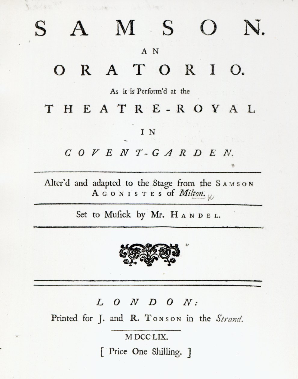 Okładka Nuty do Oratorium Samsona Haendla, wydana w 1759 r. autorstwa English School