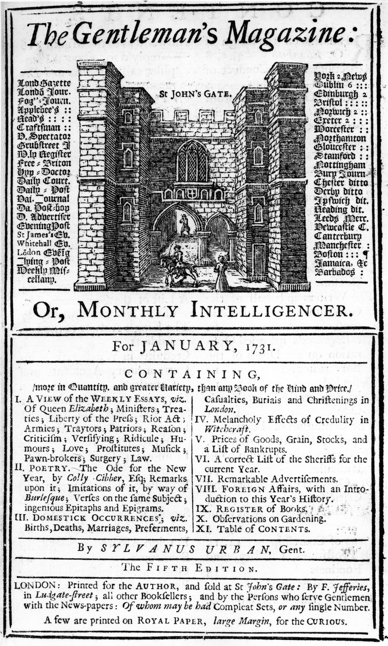 Okładka pierwszego wydania The Gentlemans Magazine, opublikowanego w styczniu 1731 autorstwa English School