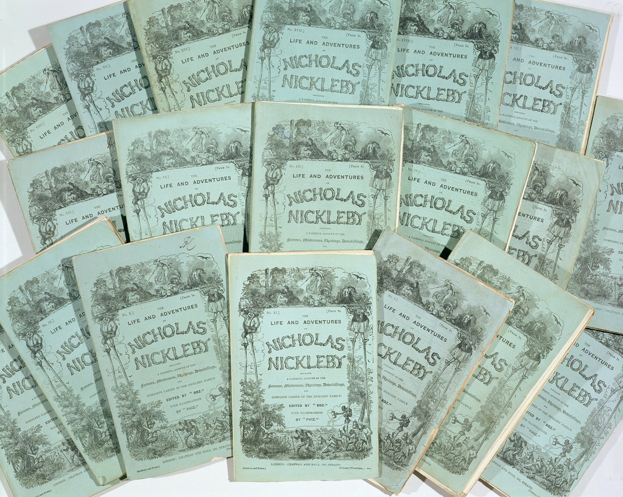 Okładki z miesięcznych wydań The Life and Adventures of Nicholas Nickleby autorstwa Charlesa Dickensa (1812-70), opublikowanych w 1839 (patrz 136075) autorstwa English School