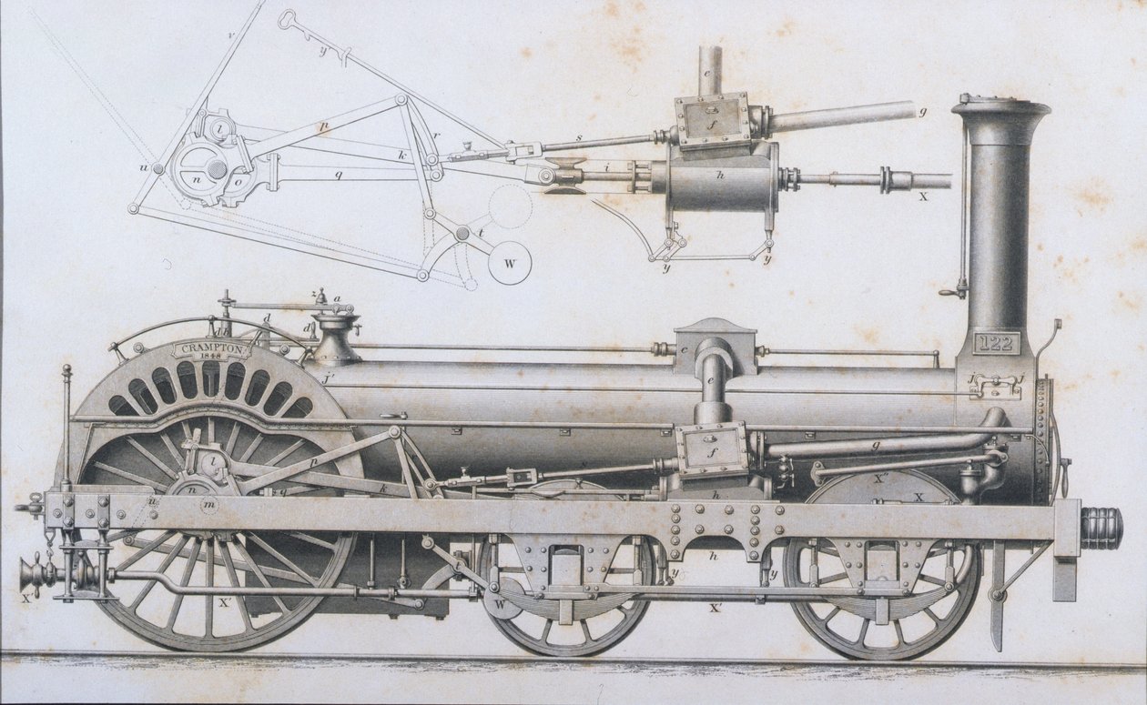 Lokomotywa kolejowa Cramptons Railway Locomotive z Cyclopaedia of Useful Arts & Manufactures, pod redakcją Charlesa Tomlinsona, ok. 1880 r. autorstwa English School