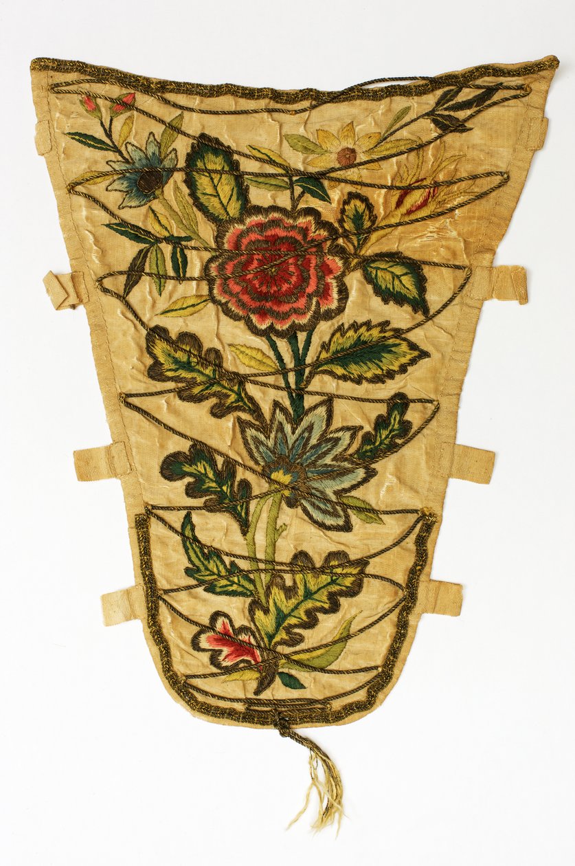 Kremowy brzuch wyszywany bukietem kwiatów kolorową i srebrno-złotą nicią, ok.1700-50 (jedwab) autorstwa English School