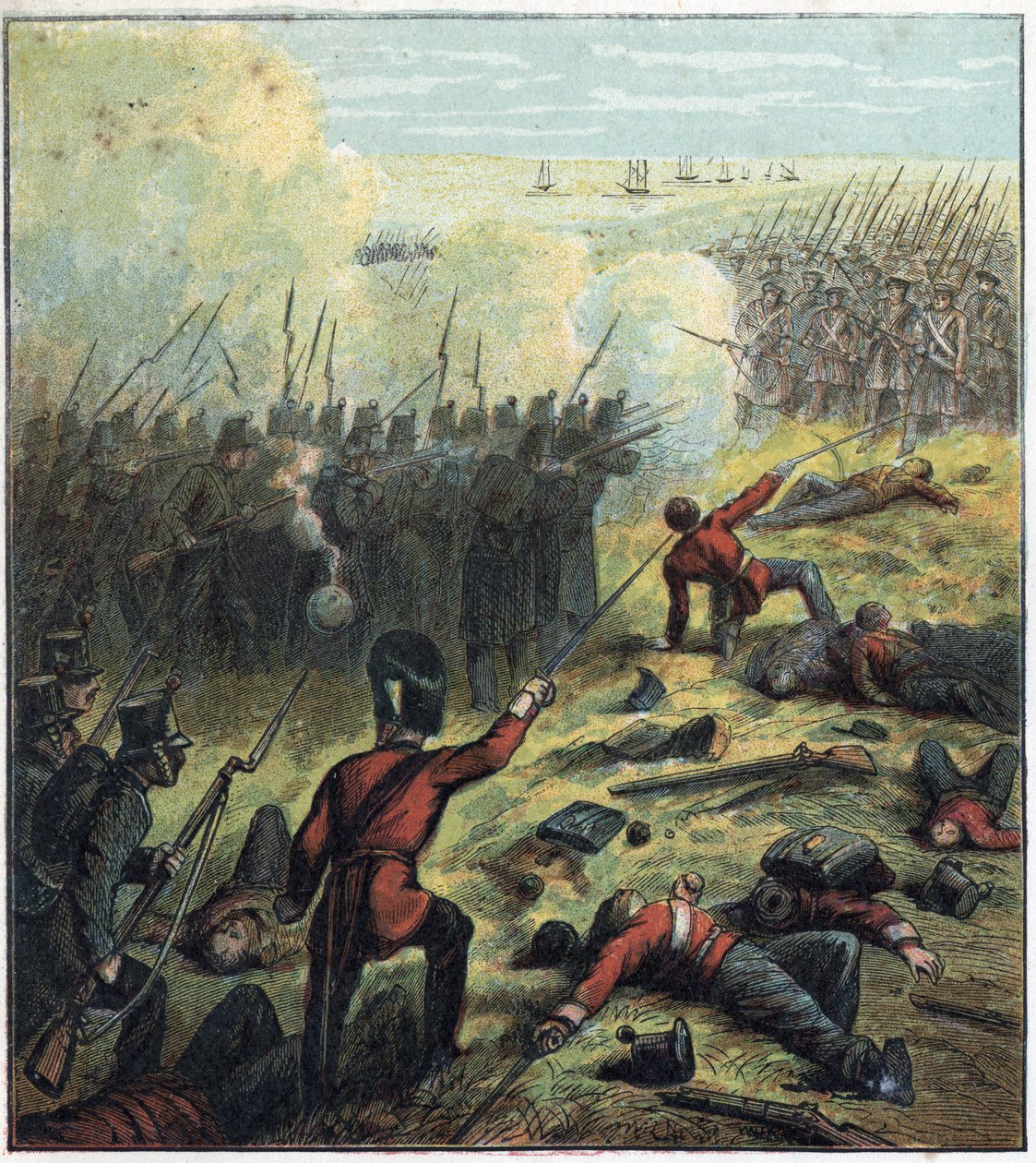 Wojna krymska (1853-1856) między Rosją a Imperium Osmańskim: Francuzi i Brytyjczycy sprzymierzyli się z Turkami w celu oblężenia rosyjskiego portu Sewastopola od 17 października 1854 do 8 września 1855. „Oblężenie Sewastopola” autorstwa English School