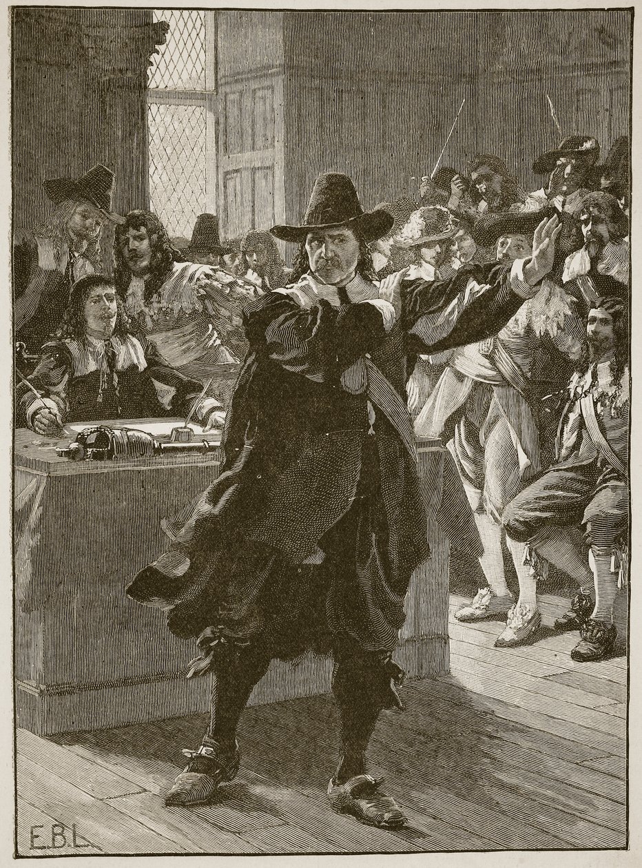 Cromwell przemawia po raz ostatni w Long Parliament, ilustracja z Cassells Illustrated History of England (zdjęcie w sepii) autorstwa English School