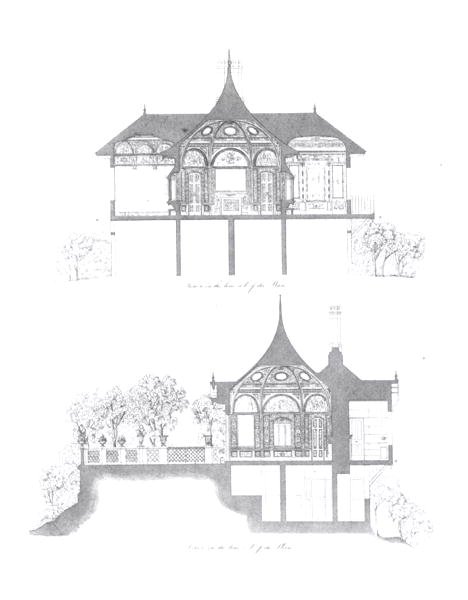 Przekroje letniego domu pałacu Buckingham z „Dekoracji pawilonu ogrodowego na terenie pałacu Buckingham” autorstwa Ludwiga Grunera (1801-82) i Anny Brownell Jameson (1794-1860) 1846 (rycina) (b/w zdjęcie) autorstwa English School