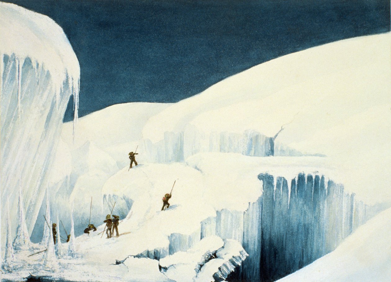 Przekraczanie wąwozu, z Narracji o podejściu na szczyt Mont Blanc autorstwa Charles Fellows (1799-1860), opublikowane w 1827 r. autorstwa English School