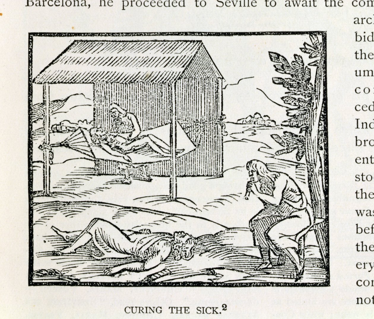 Leczenie chorych, rdzenni mieszkańcy Hispanioli, z "Narracyjnej i krytycznej historii Ameryki", pod redakcją Justina Winsora, Londyn, 1886 r. autorstwa English School