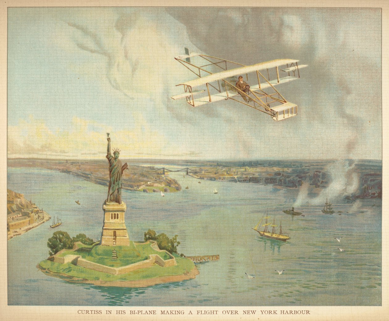 — Curtiss swoim dwupłatowcem lecącym nad portem w Nowym Jorku. — Książeczka sterowców dla małych ludzi. Londyn: Ernest Nister, [1912] autorstwa English School