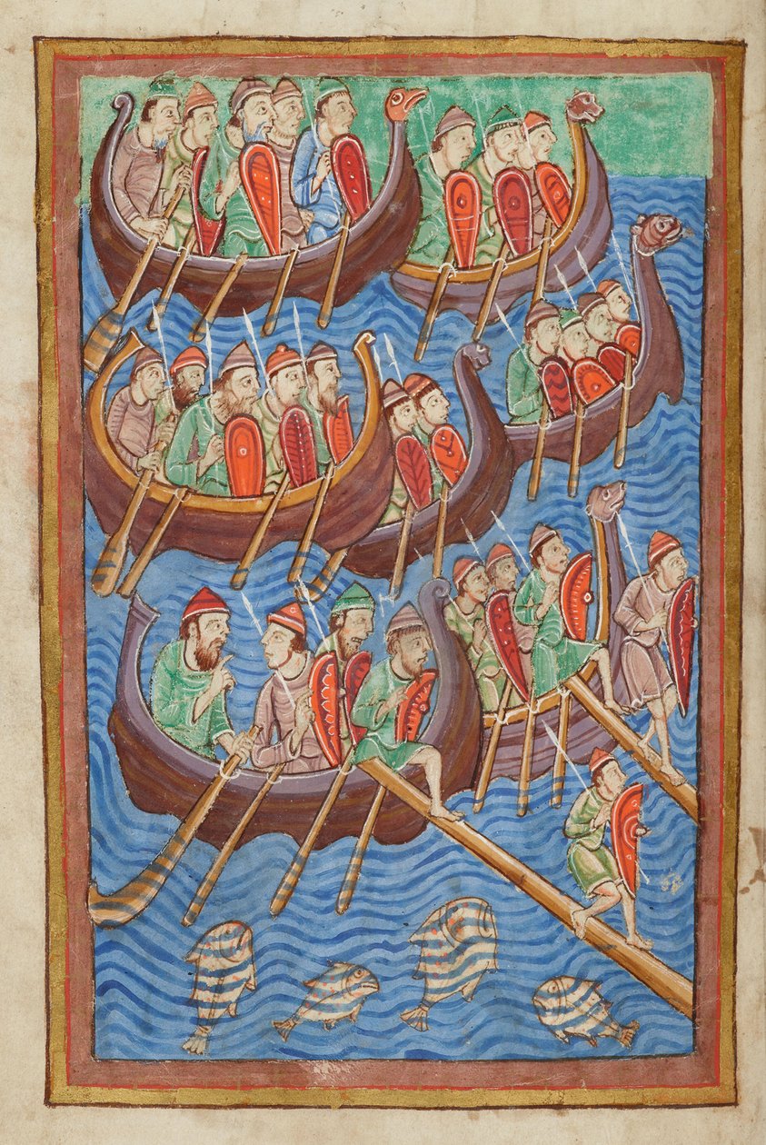 Duńczycy pod rządami Hinguara i Hubby lądują w Wielkiej Brytanii, z Miscellany o życiu św. Edmunda, Bury St Edmunds, c.1130 (wellum) autorstwa English School