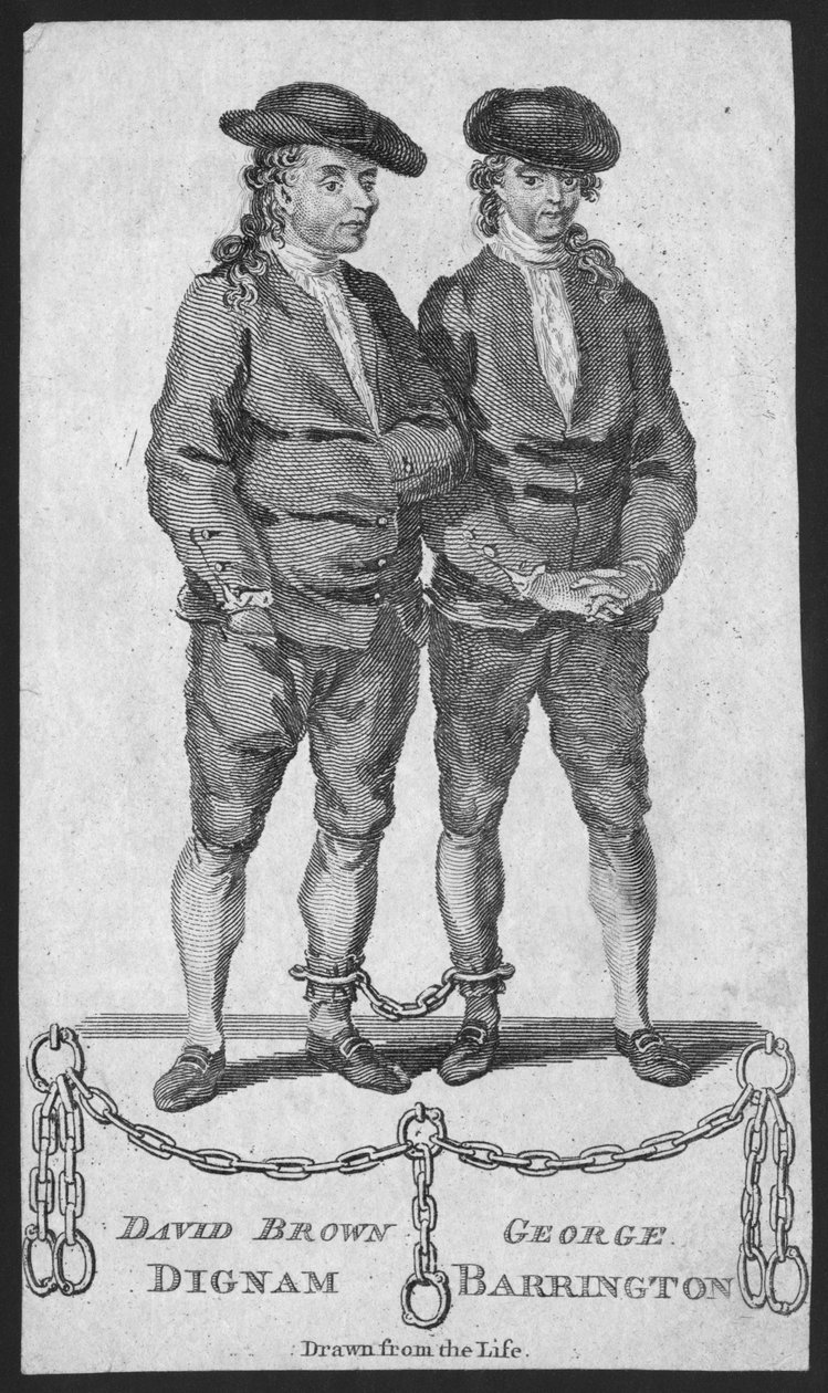 David Brown Dignam i George Barrington, ilustracja z London Magazine, maj 1777 autorstwa English School