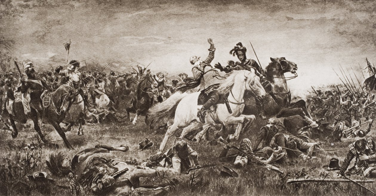 Śmierć Gustawa Adolfa, ilustracja z "Zarysu historii" H.G. Wellsa, tom II, wyd. 1920 r. autorstwa English School