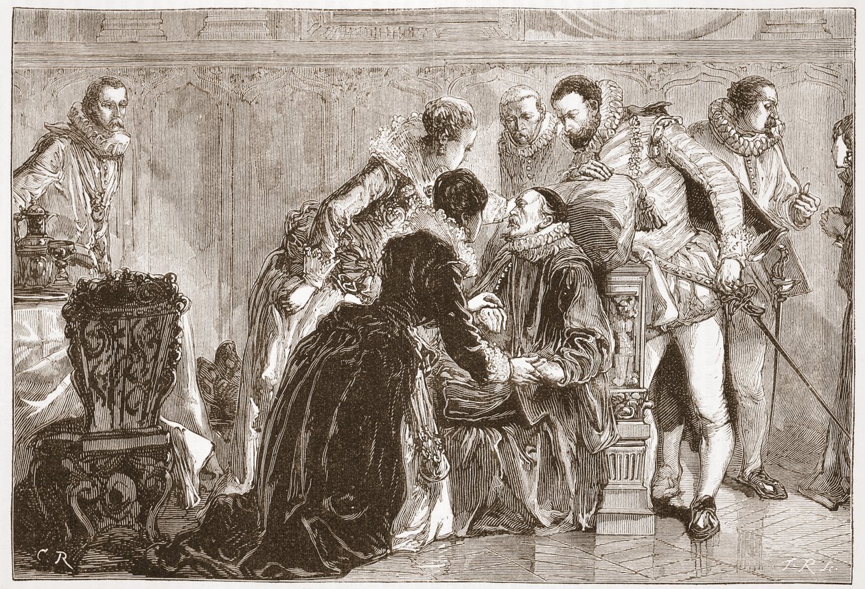 Śmierć Wilhelma Cichego, księcia Orańskiego, ilustracja z „Historii protestantyzmu” Jamesa Aitkena Wylie (1808-1890), wyd. 1878 (grawerowanie) autorstwa English School