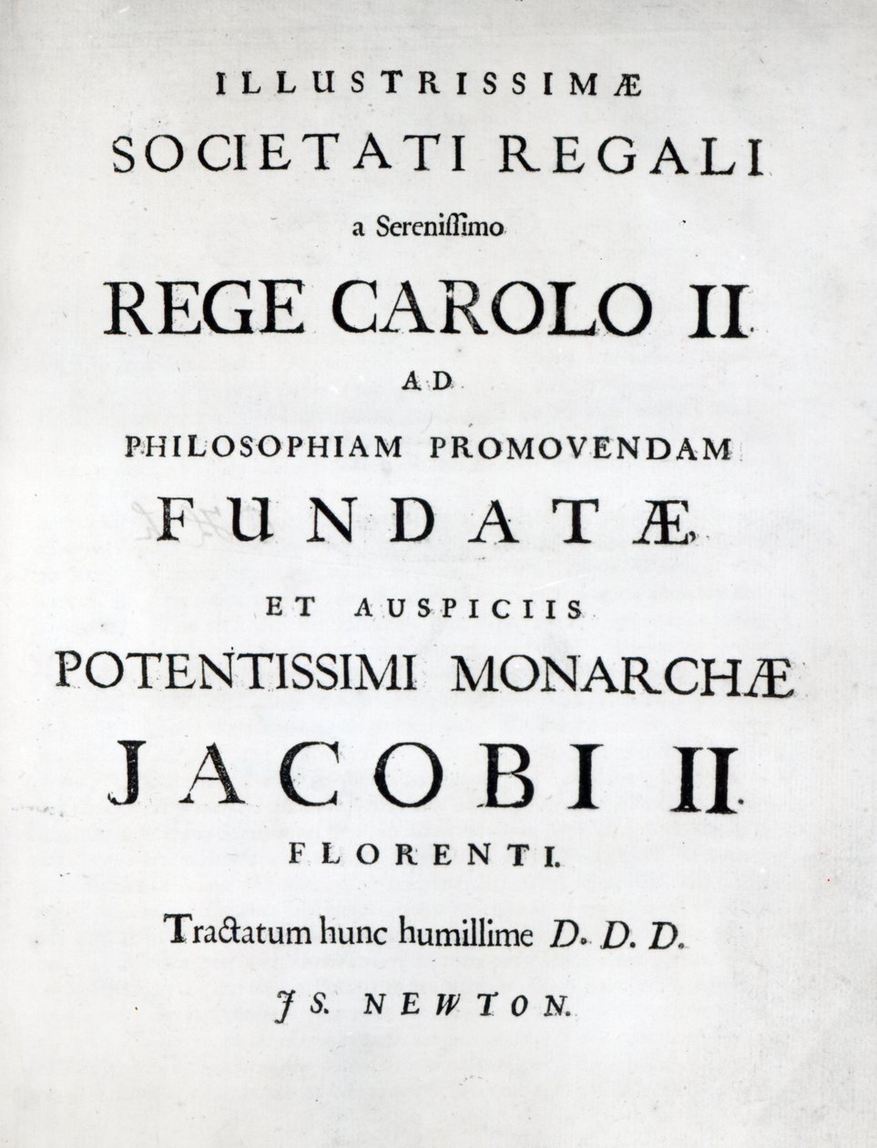 Dedykacja dla Królewskiego Towarzystwa Pierwszej edycji Newtons Philosophiae Naturalis Principia Mathematica, 1687 autorstwa English School