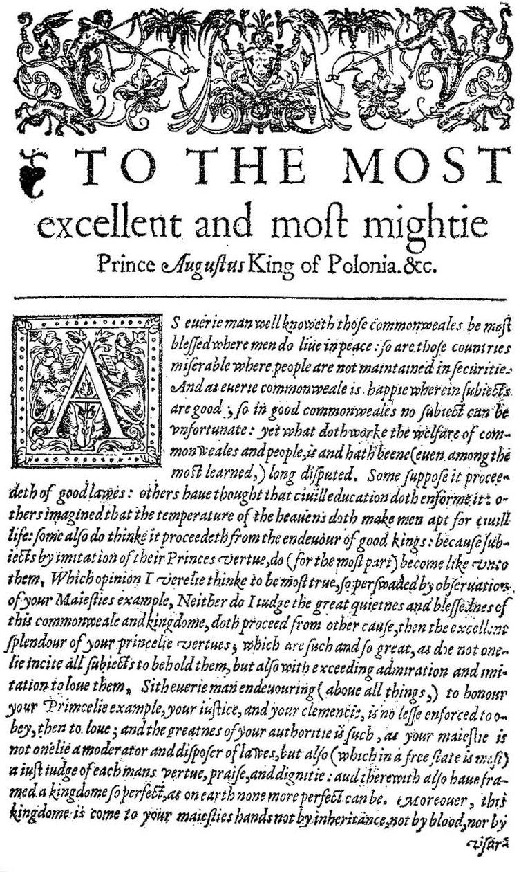 Dedykacja dla króla Polski Zygmunta II Augusta w Radcy, pierwszym angielskim tłumaczeniu Wawrzyńca Grzymała Goślickiego De optimo senatore, 1598 (druk) autorstwa English School