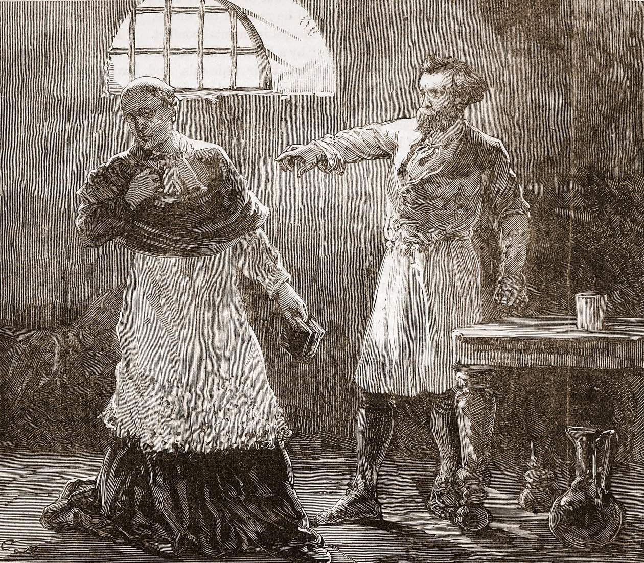 Denis upomina biskupa Meaux, ilustracja z Historii protestantyzmu Jamesa Aitkena Wylie (1808-1890), wyd. 1878 autorstwa English School