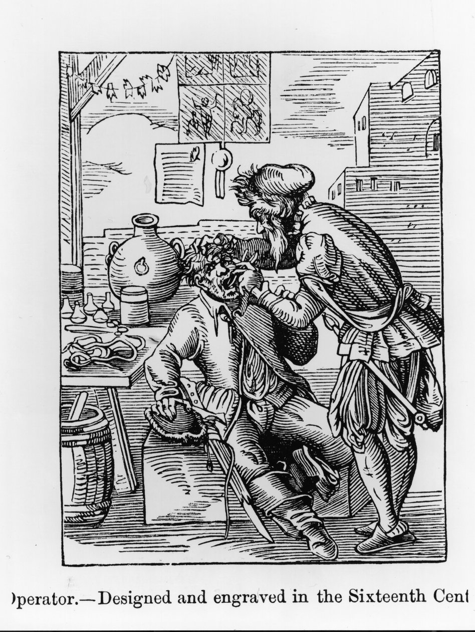 Operator dentystyczny, ilustracja z „Nauka i literatura średniowiecza i renesansu”, napisana i rytowana przez Paula Lacroix, 1878 (rycina) (zdjęcie bw) autorstwa English School