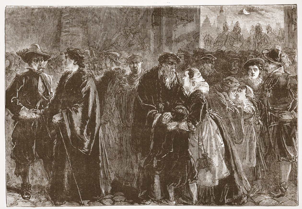 Wyjazd ministrów wygnanych z Kuttenbergu, ilustracja z Historii protestantyzmu Jamesa Aitkena Wyliego (1808-1890), wyd. 1878 autorstwa English School
