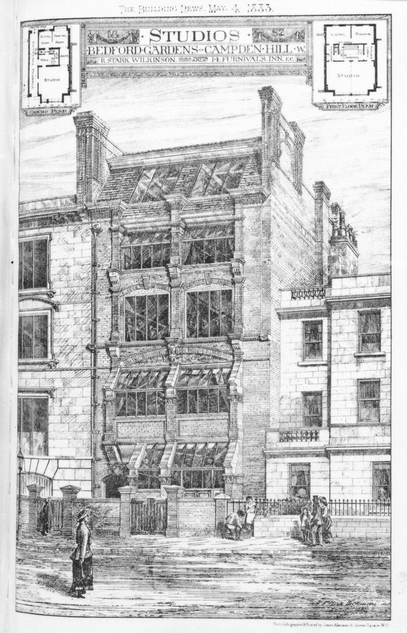Projekt dla studia w Bedford Gardens, Campden Hill, Londyn, z „The Building News”, 4 maja 1883 autorstwa English School