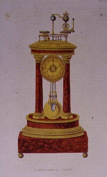 Projekt zegara astronomicznego, tablica 139 z „Repozytorium Sztuki, Literatury, Handlu, Manufaktur, Mody i Polityki” Ackermanna, wydana w latach 1809-28 (kolor lito) autorstwa English School