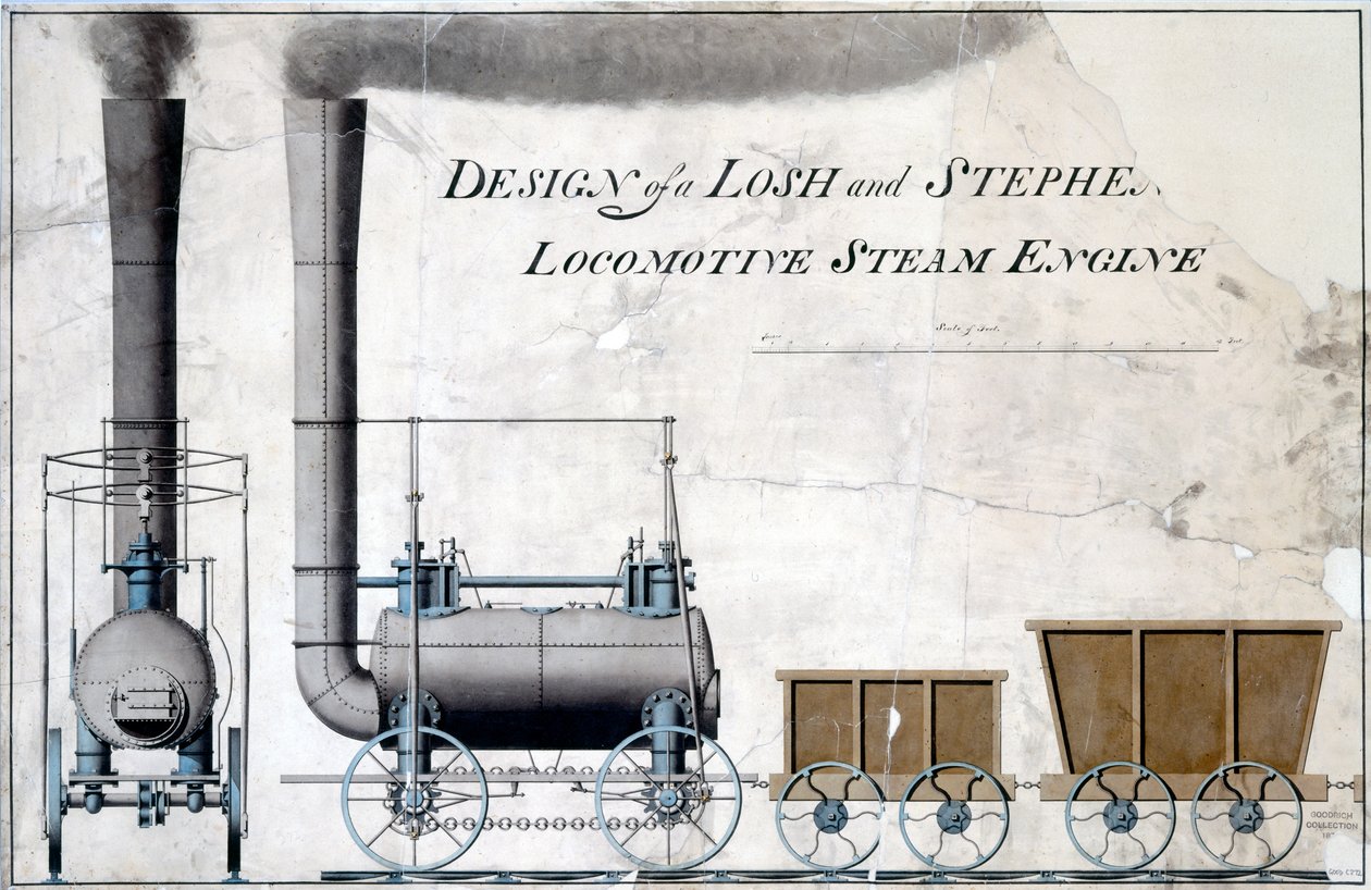 Projekt lokomotywy parowej Losh and Stephenson, ok. 1826 (pióro i tusz oraz pranie na papierze) autorstwa English School