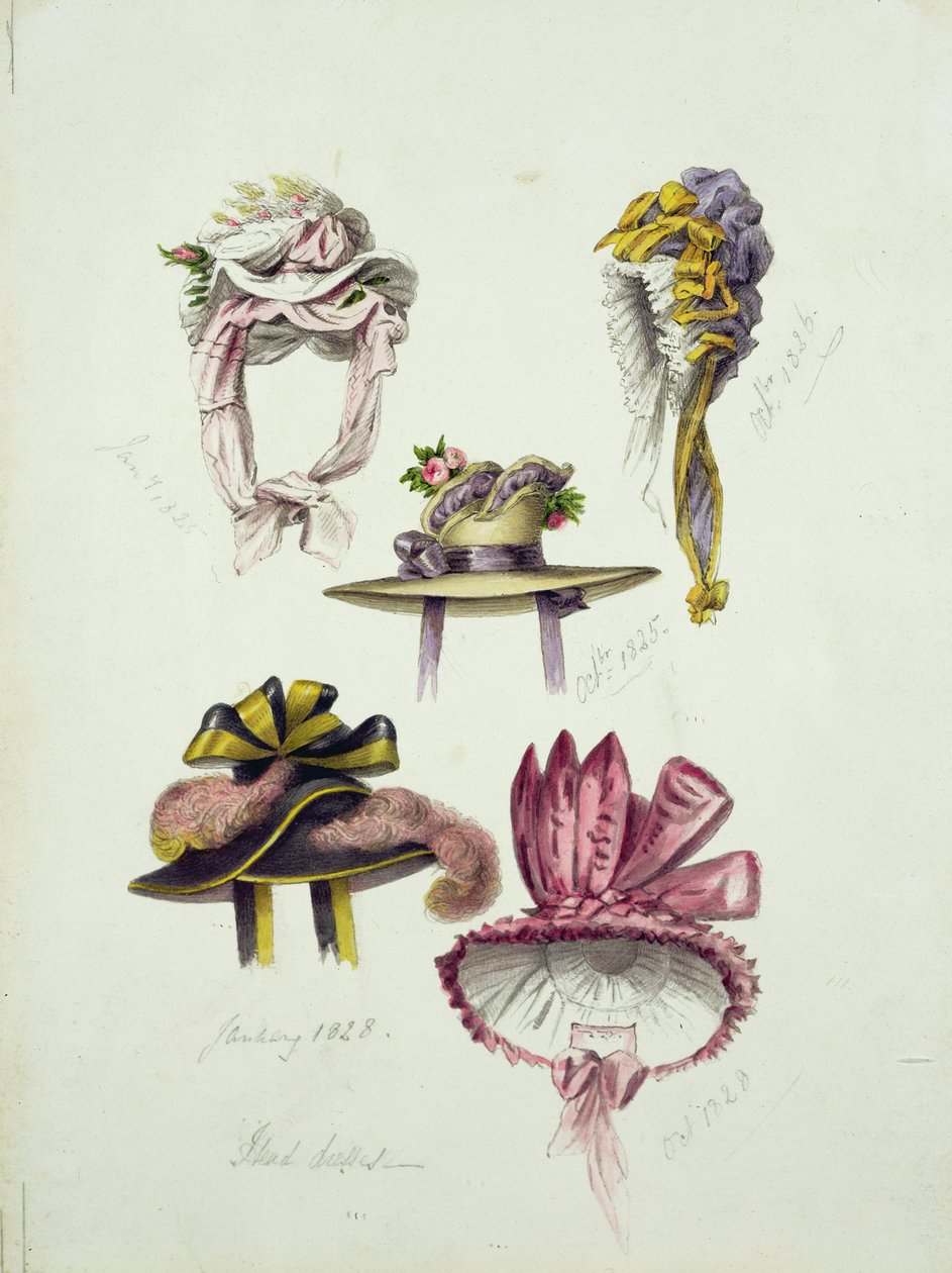 Wzory na kapelusze regencji, 1828 (wc z ołówkiem na papierze) autorstwa English School