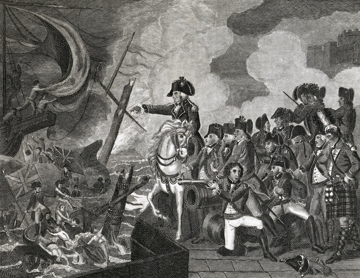 د جبل الطارق څخه مخکې د ټوپکو کښتیو ویجاړول، د ایچ کوک لخوا نقاش شوی، 1816 پولی autorstwa English School