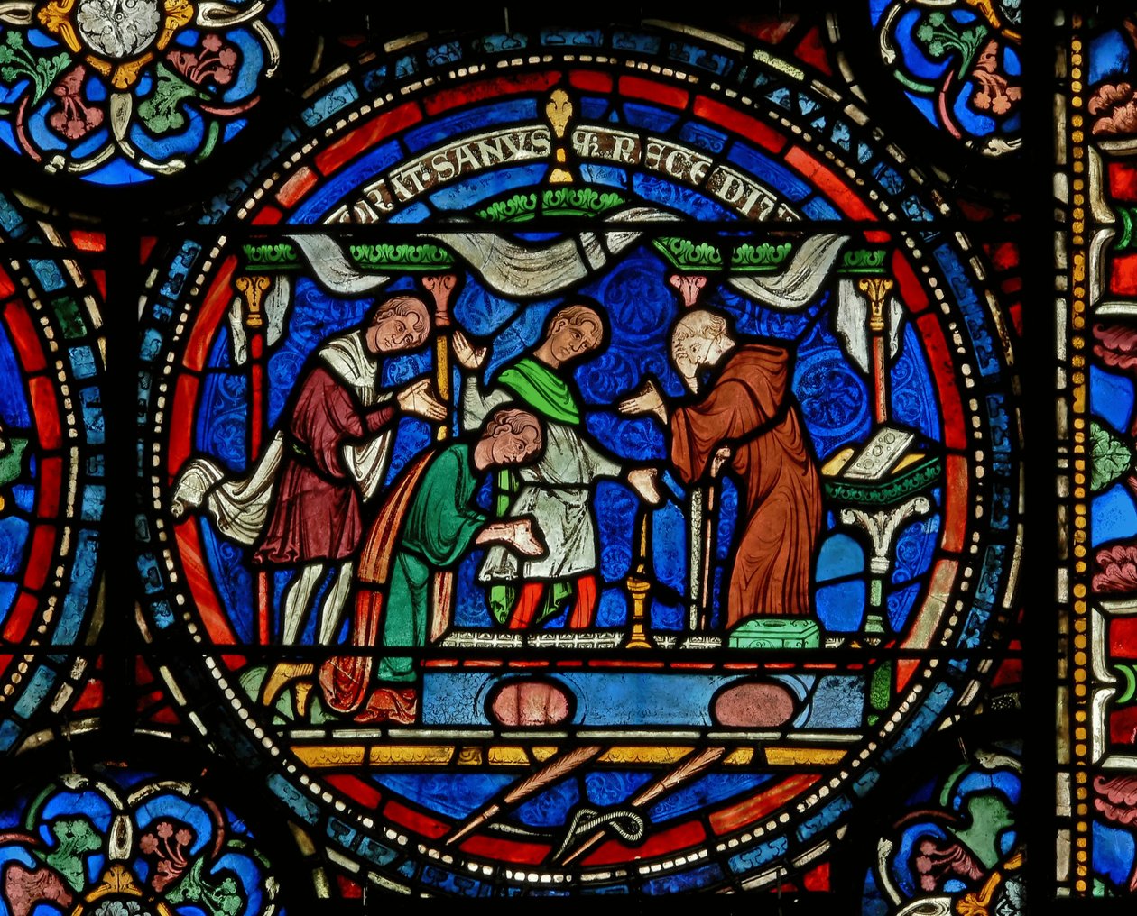 Fragment cudownego okna przedstawiający Szalony Henryk z Fordwich dziękujący za uzdrowienie autorstwa English School