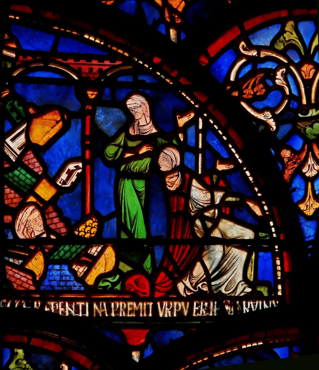 Fragment okna cudów przedstawiający ścianę spadającą na niemowlę Geoffrey z Winchester autorstwa English School