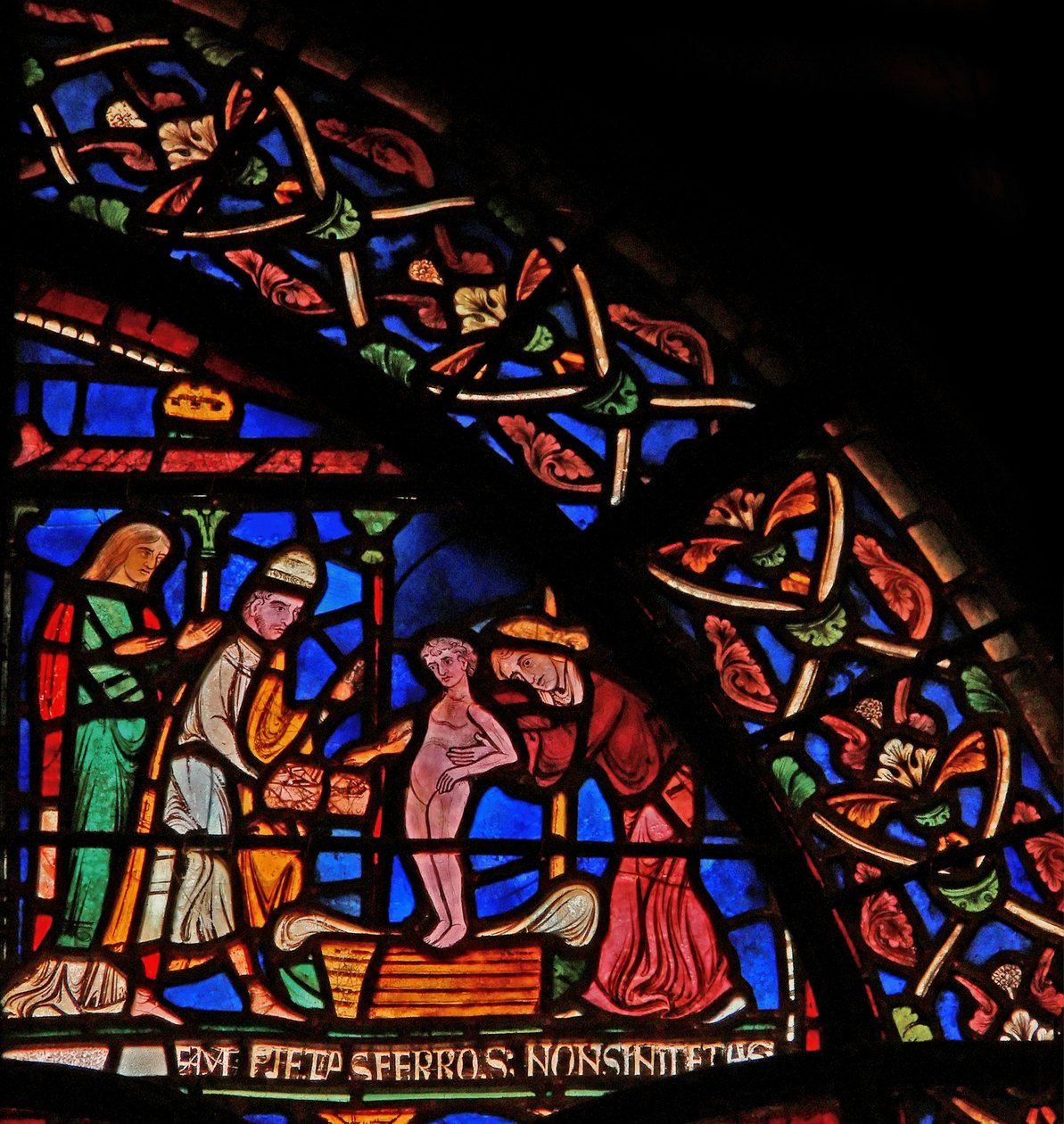 Fragment okna cudów przedstawiający niemowlę Geoffrey z Winchester składające ofiarę przy grobie św. Tomasza autorstwa English School