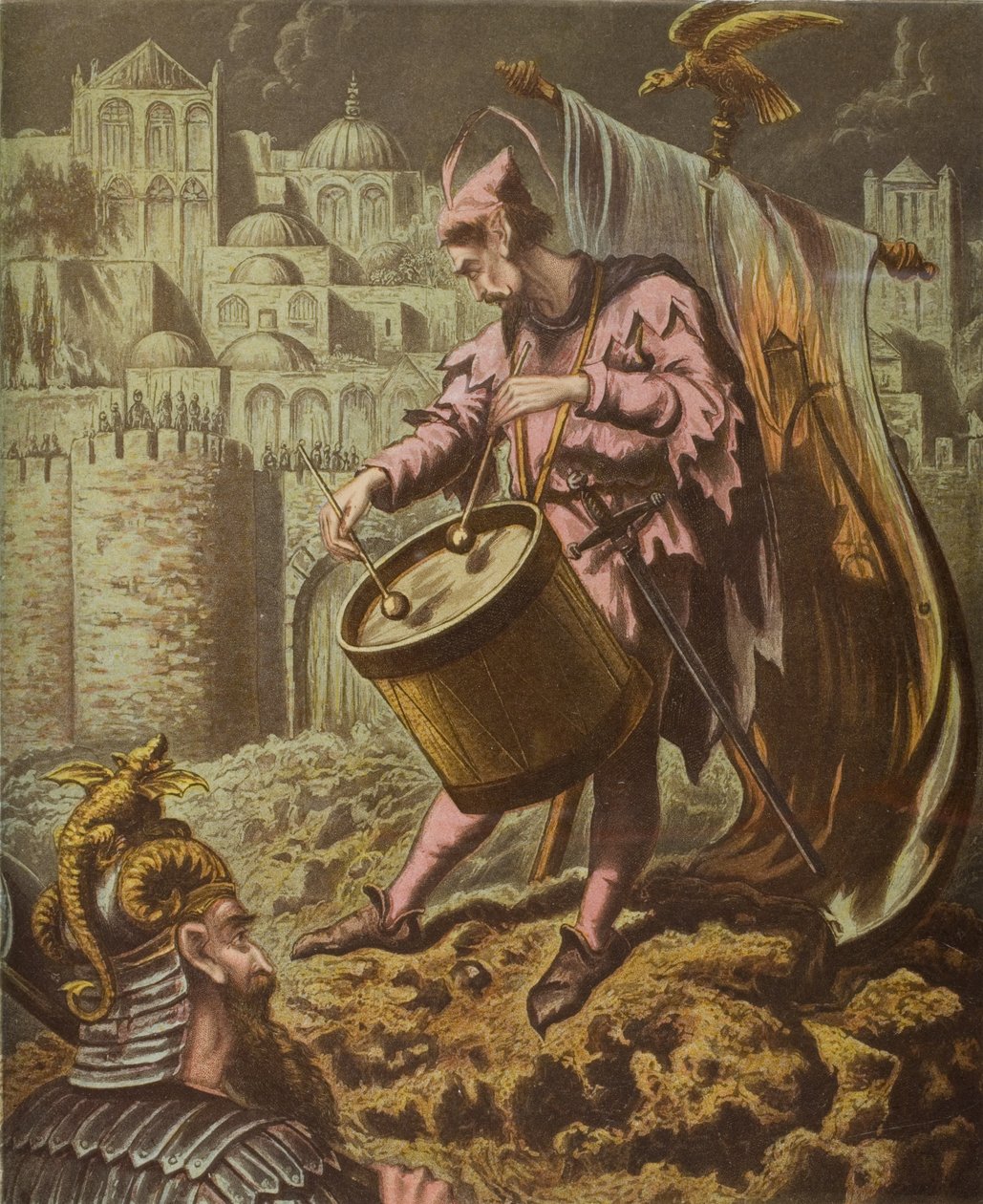 Perkusista Diabolusa przed murami Mansoul, ilustracja z „Świętej wojny” Johna Bunyana (1628-88) autorstwa English School