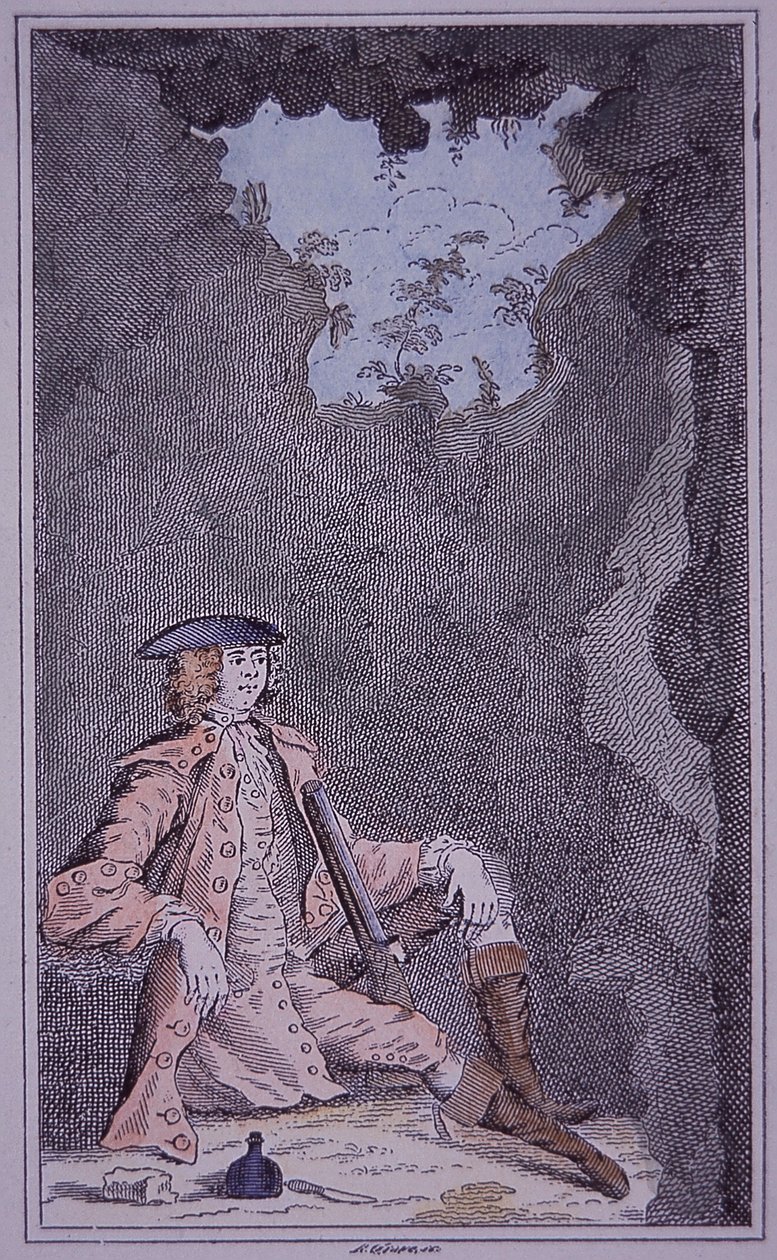 Dick Turpin ukrywający się w jaskini, z „Prawdziwej historii życia Richarda Turpina” Richarda Bayesa autorstwa English School