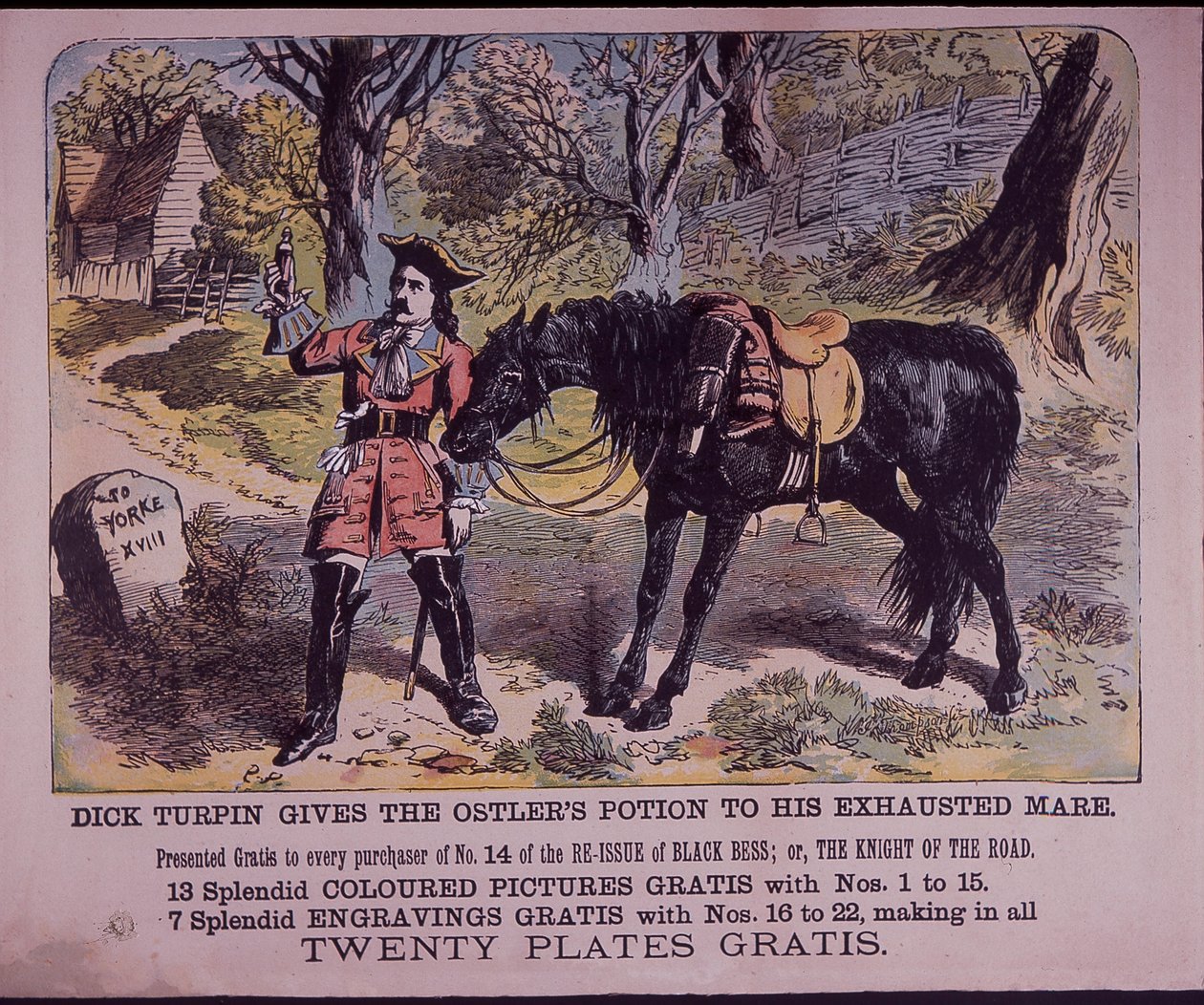 Dick Turpin ze swoim koniem Black Bess w drodze do Yorku (kolor lito) autorstwa English School